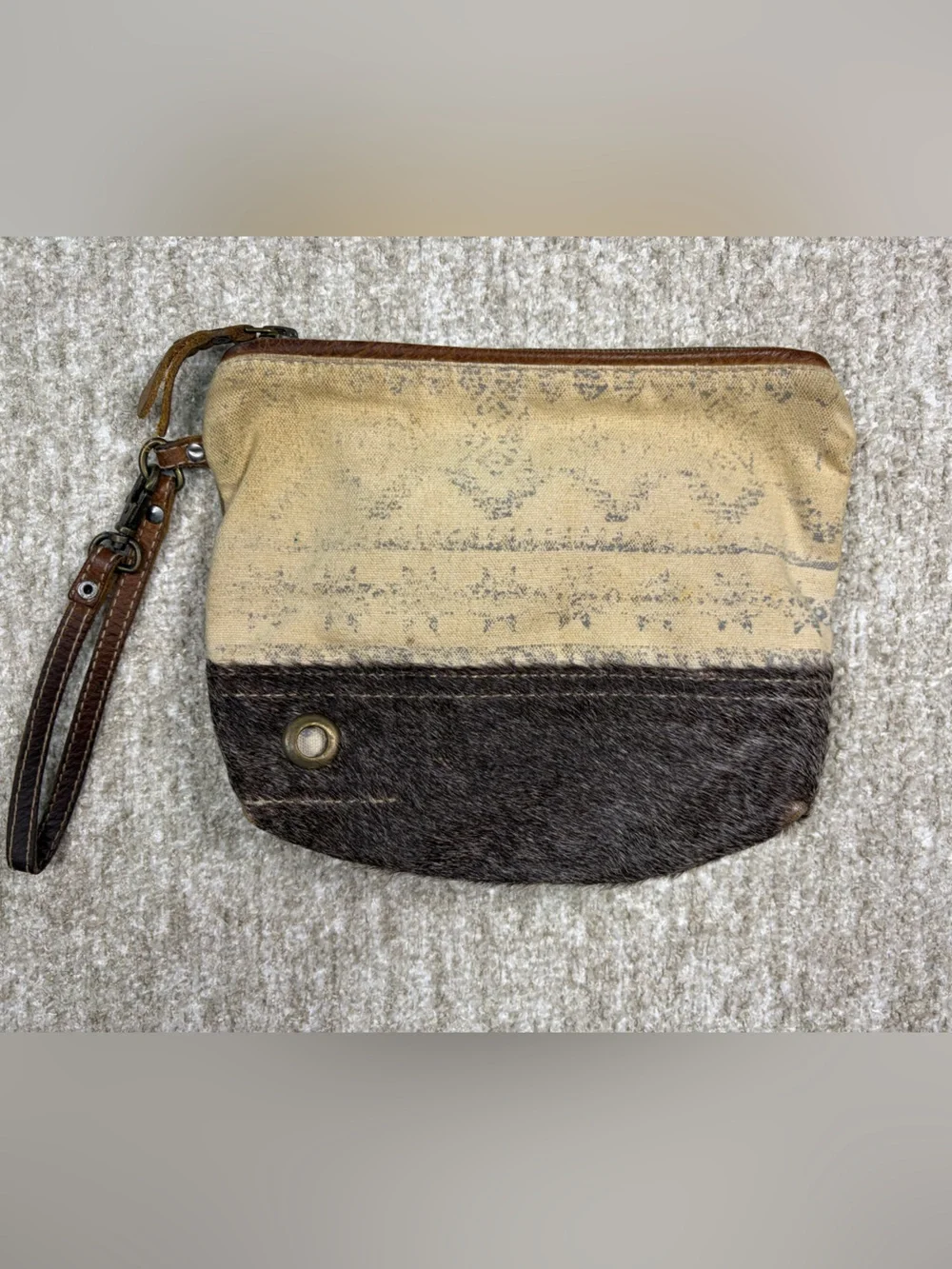 Myra Bag Tan Canvas & Dark Brown Haircalf Wristlet